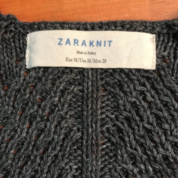 ZARA Mixed Media Faux Leather Knit Crochet Long Tunic Sweater Black Gray Medium - Picture 3 of 11